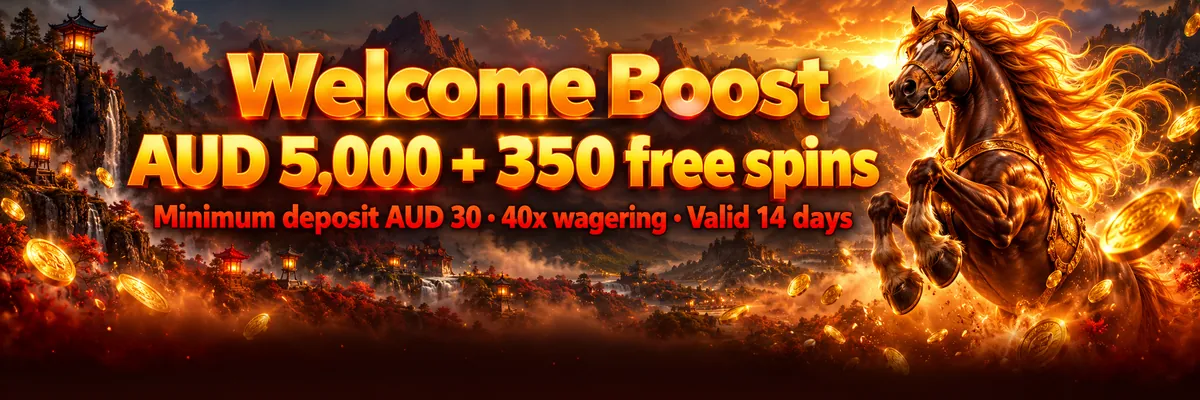 Glossy rearing horse with a flowing mane beside a glowing coin tree in an orange and red misty mountain landscape, with an empty text panel on the left